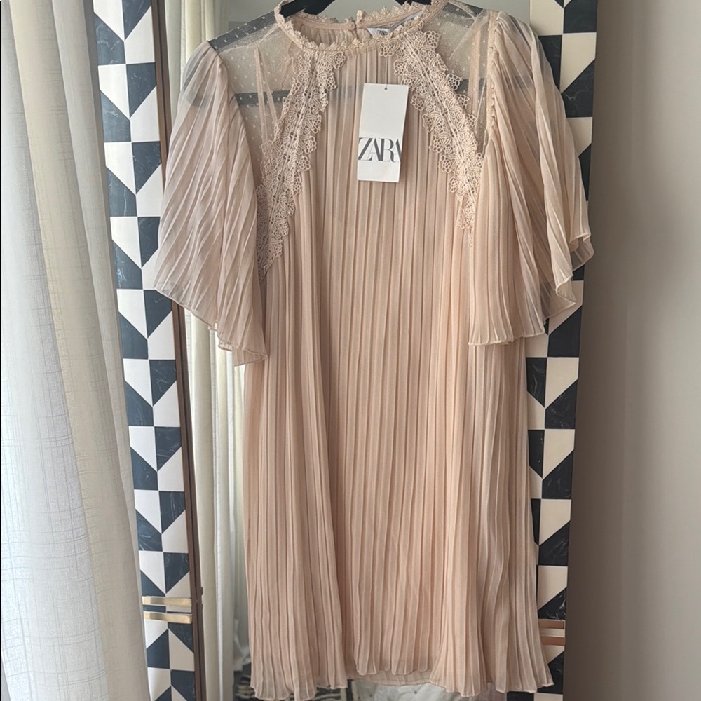 ZARA Blush Pleated Lace-Trim Mini Dress